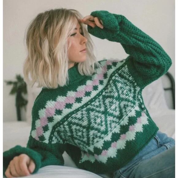 Free People Green Alpine Sweater | Apres Ski | Faire Isle |Holiday Crop |NWT$148 - Picture 1 of 15